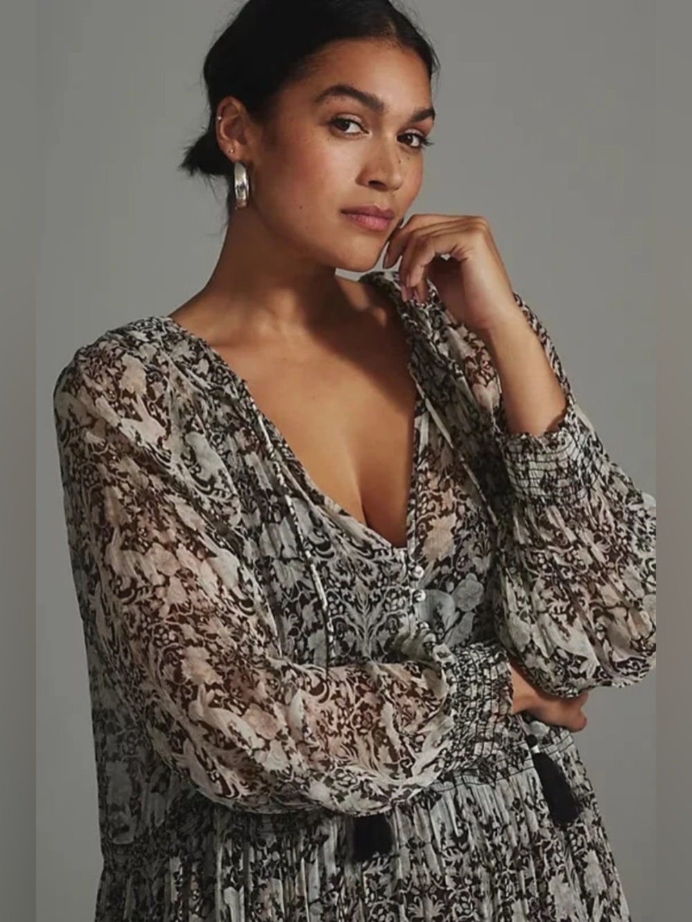 Anthropologie The Marais Printed Chiffon Maxi Dress Floral 2X Rabbits boho flowy - Picture 4 of 11